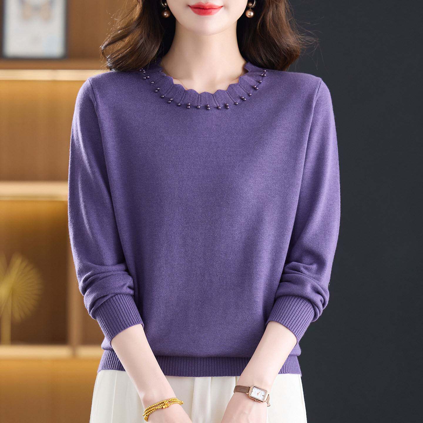 春秋新款针织衫女大码妈妈装洋气高贵薄款上衣宽松百搭毛衣打底衫