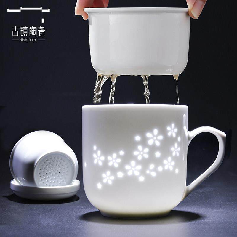 景德镇茶杯陶瓷茶水分离办公室玲珑杯高档过滤杯白瓷杯子泡茶杯