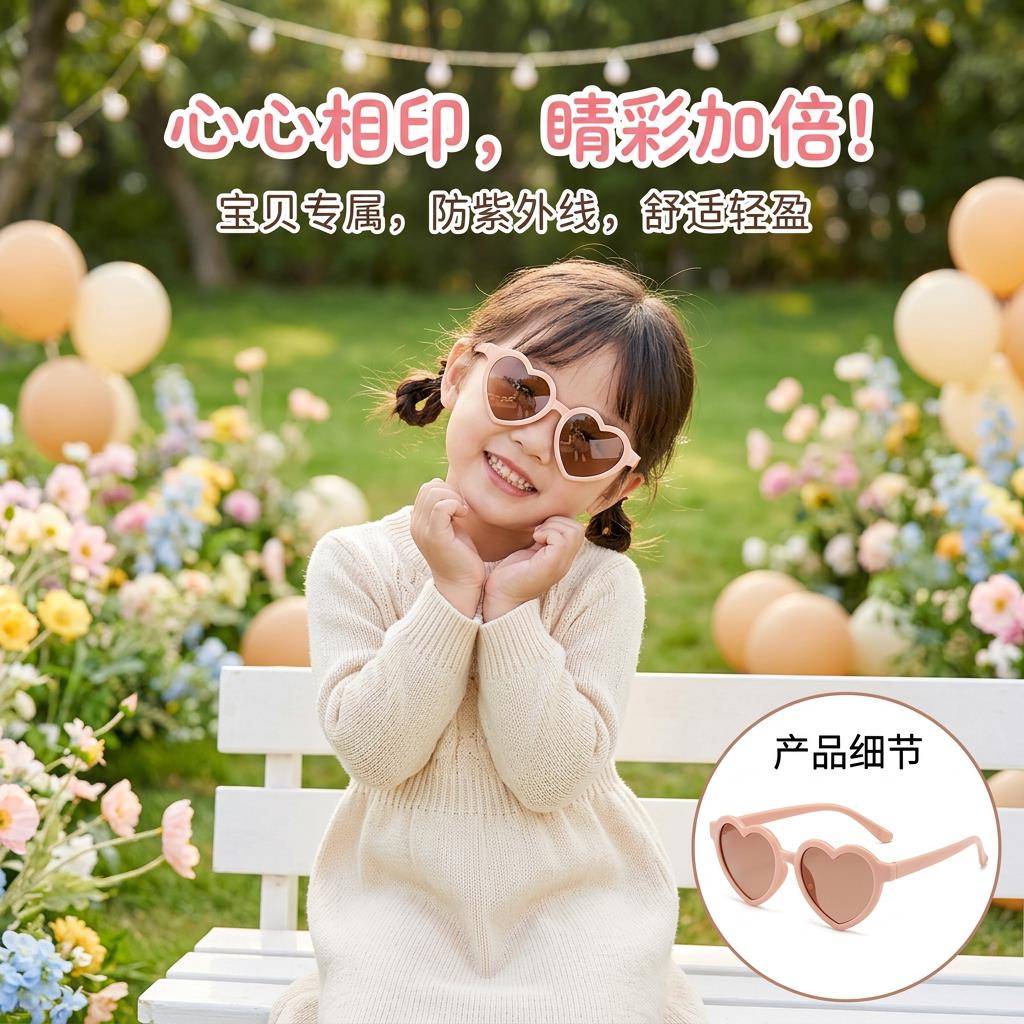 儿童墨镜女童抗UV宝宝防晒太阳眼镜新款百搭糖果色爱心眼镜太阳眼