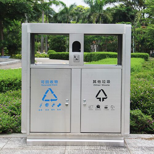 户外公园园林景区小区街道环卫方形2连体不锈钢分类垃圾桶果皮箱