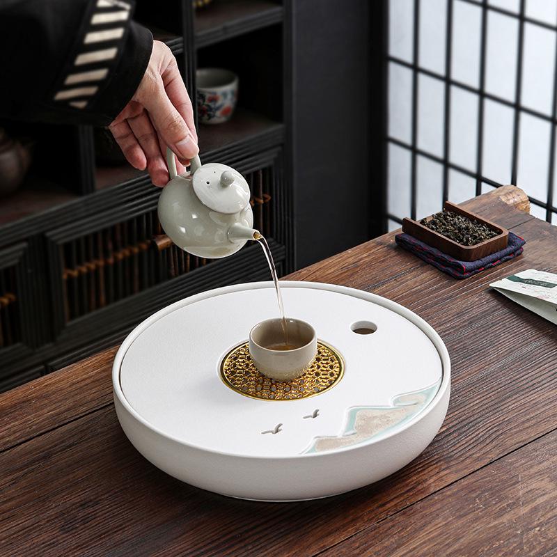 远山陶瓷茶盘2024新款长方形家用高档粗陶茶台干泡台带排水茶托盘
