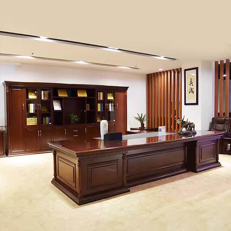 老板办公桌总裁实木皮罗马柱子董事张大班台办公室桌椅组合带抽屉