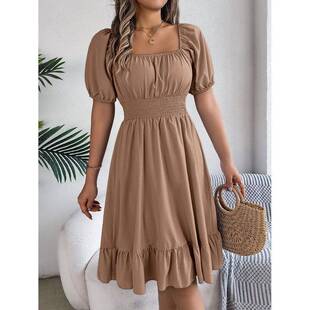 Womens Plain Ruffle Hem Shirred Puff Sleeve A Line Frenchy
