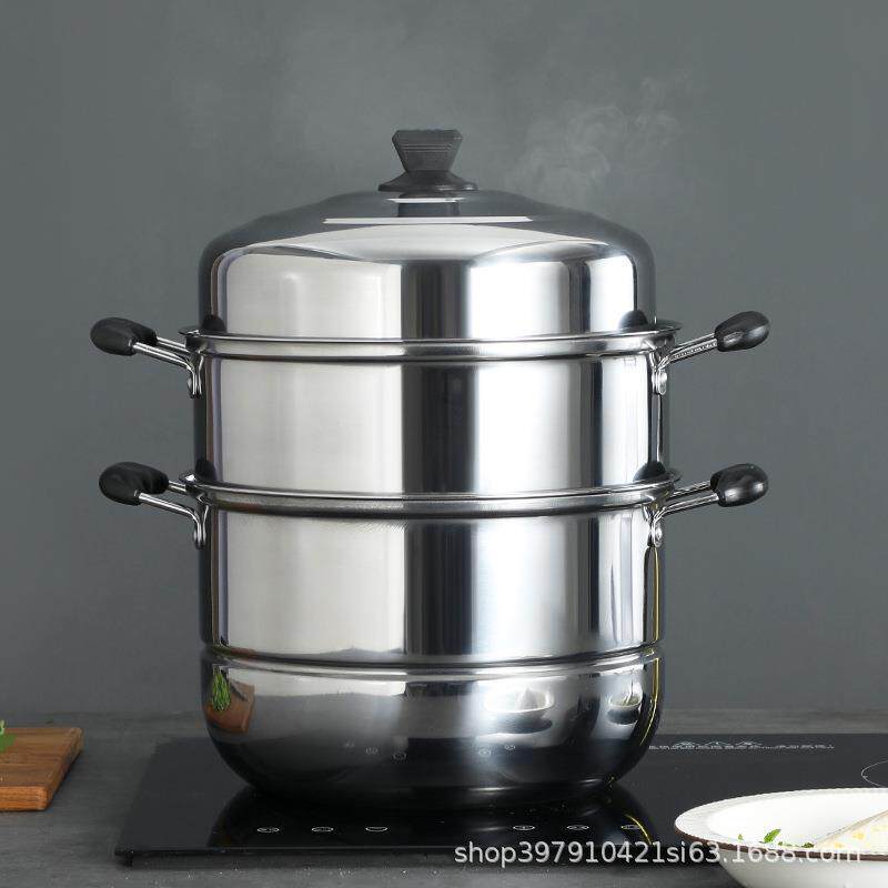 蒸锅不锈钢家用蒸馍钢筋锅加厚蒸煮两用锅做饭两层双层钢精锅燃气
