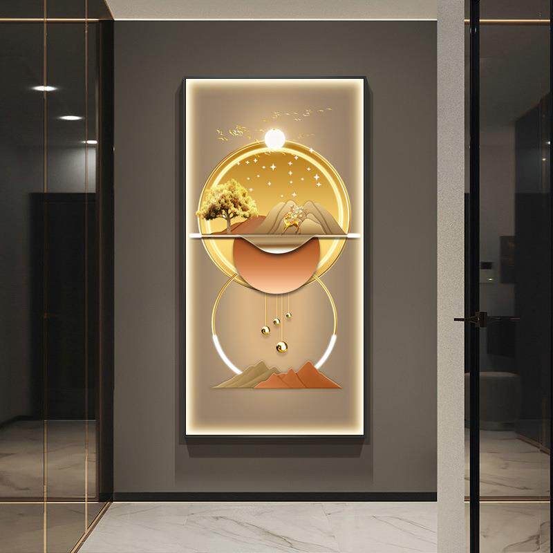 现代轻奢led玄关装饰画走廊过道竖版壁画发光灯正对门挂画相随