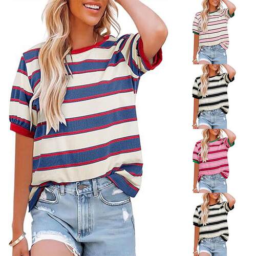 Women'S Summer Tops 2026 Striped Color Block Short Sleeve