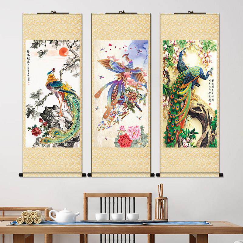 国画百鸟朝凤图玄关装饰挂画现代入户中欧式卷轴吉祥如意凤凰字画