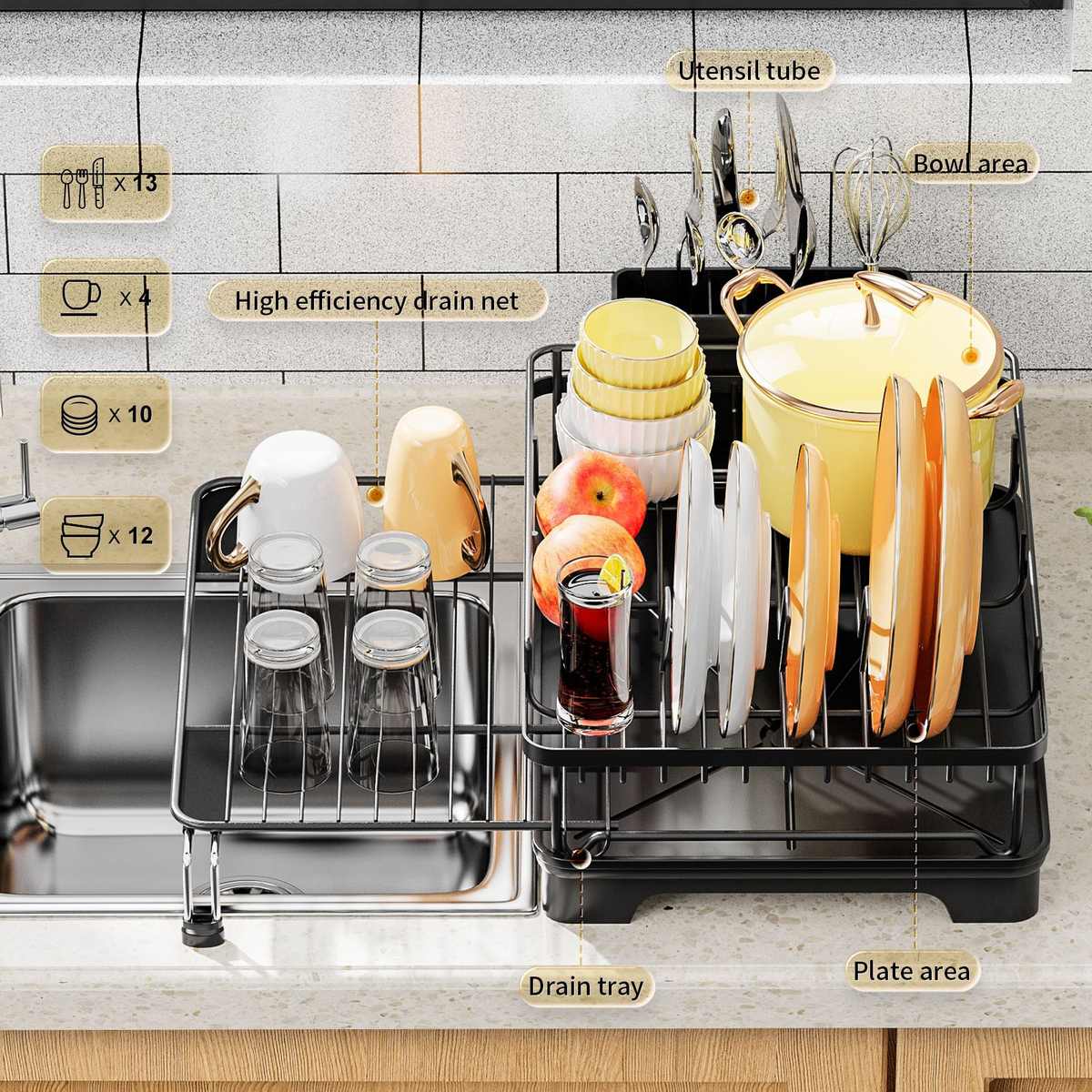 厨房碗架家用多功能碗碟收纳架可伸缩防锈台面双层沥水碗架