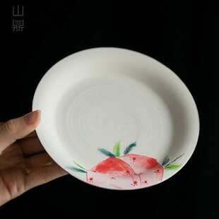 山鼎手绘粉引白干泡壶承寿桃茶壶盖碗垫诧寂风功夫茶具点心茶点盘