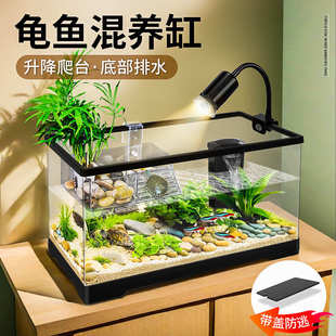 乌龟缸带晒台爬台生态塑料饲养箱龟鱼混养防逃造景带盖盆小型鱼缸