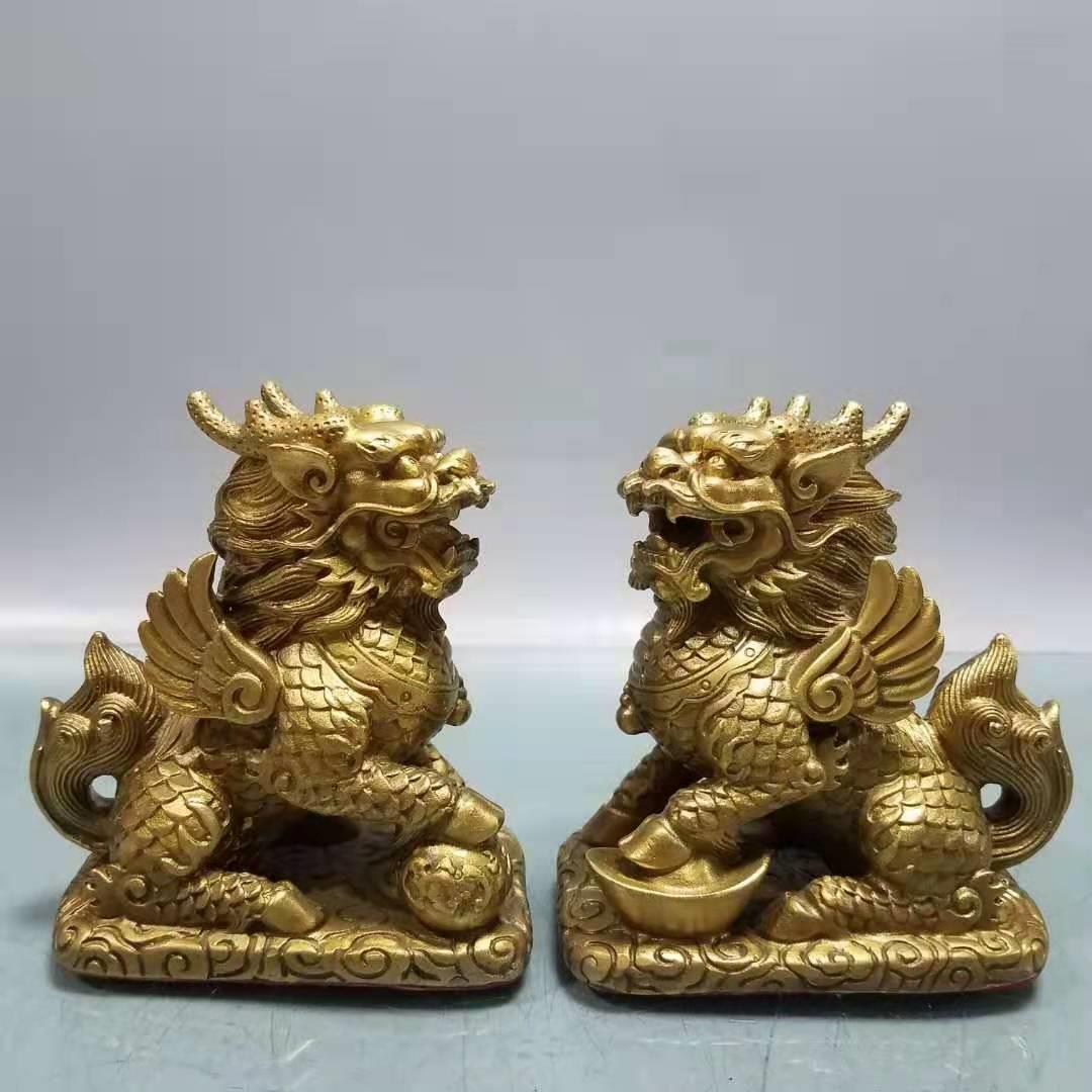纯铜麒麟摆件一对公母送子麒麟客厅玄关办公室装饰品店铺开 业礼