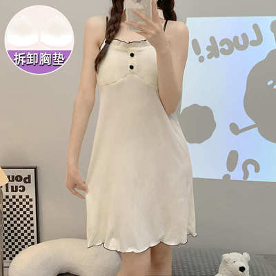 胖MM200斤睡裙女夏季带胸垫可拆卸背心孕妇宽松加大连衣裙家居服