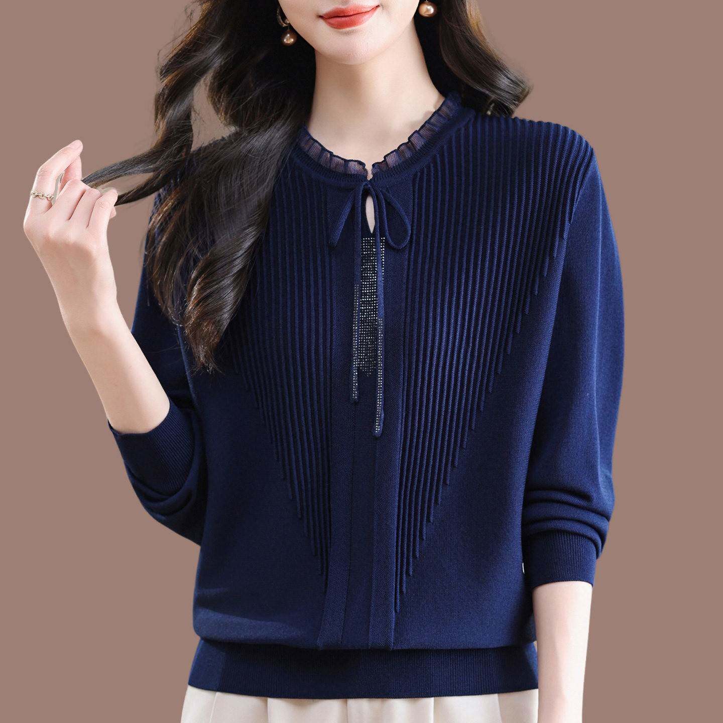 桑蚕丝长袖T恤女宽松遮肚子蕾丝上衣洋派中年妈妈大尺码针织打底