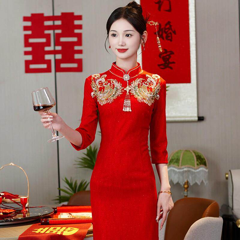 Ocnltiy红色长袖旗袍敬酒服新娘秋季新款结婚订婚回门服晚礼服女