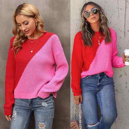 pullover sweater knitted splicing red women loose size rose