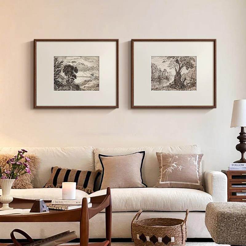 素描森林风景画》法式中古风小众艺术挂画北欧复古客厅玄关装饰画