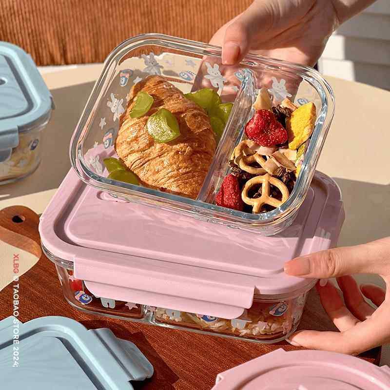 玻璃饭盒分隔可微波炉加热专用上班族带饭保鲜碗带盖子高硼硅便当