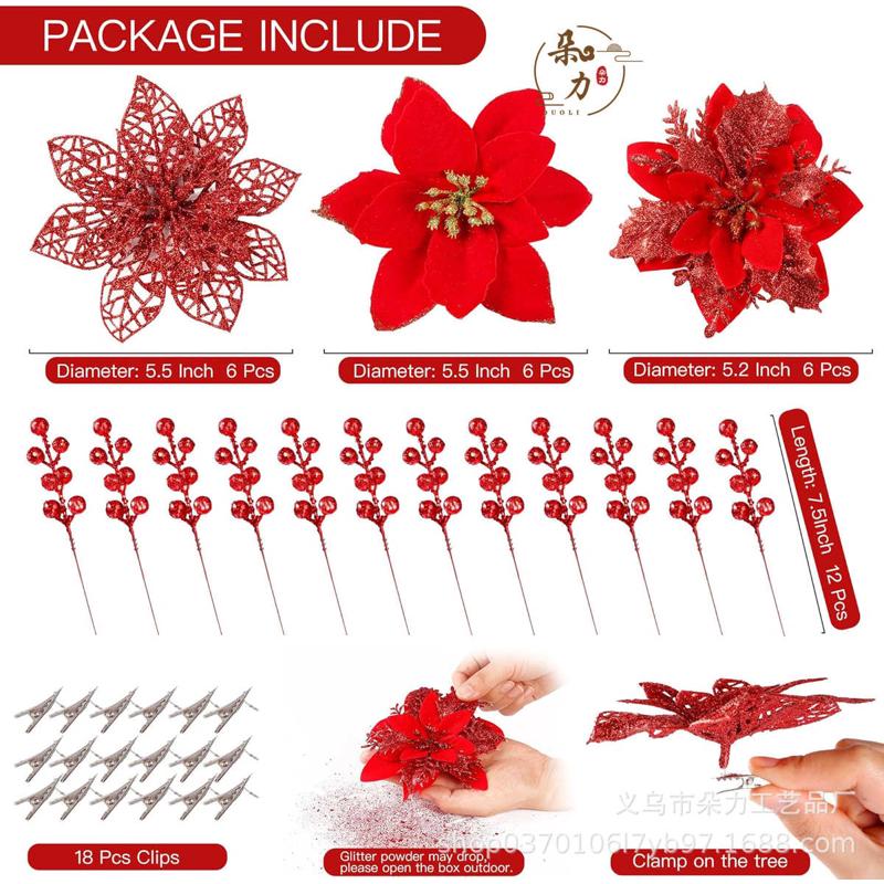 人造一红美式圣诞花浆果闪光人造圣诞树带花朵夹子圣诞装饰品精选