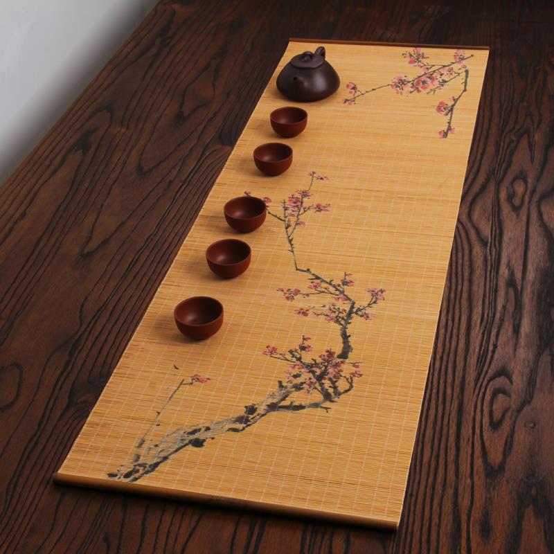 茶席竹席茶帘竹茶旗绘画印花禅意茶垫茶道干泡席茶盘垫茶道六君子