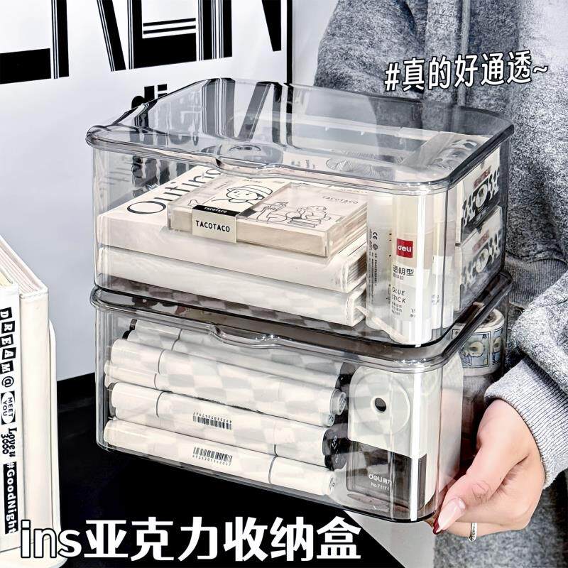 翻盖式桌面收纳盒透明亚克力防尘整理盒卧室宿舍办公室带盖收纳筐