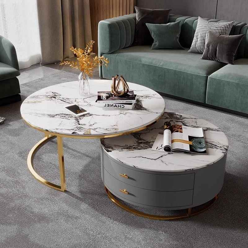 轻奢岩板茶几玻璃圆形茶桌客厅家用简约美式轻奢茶几现代