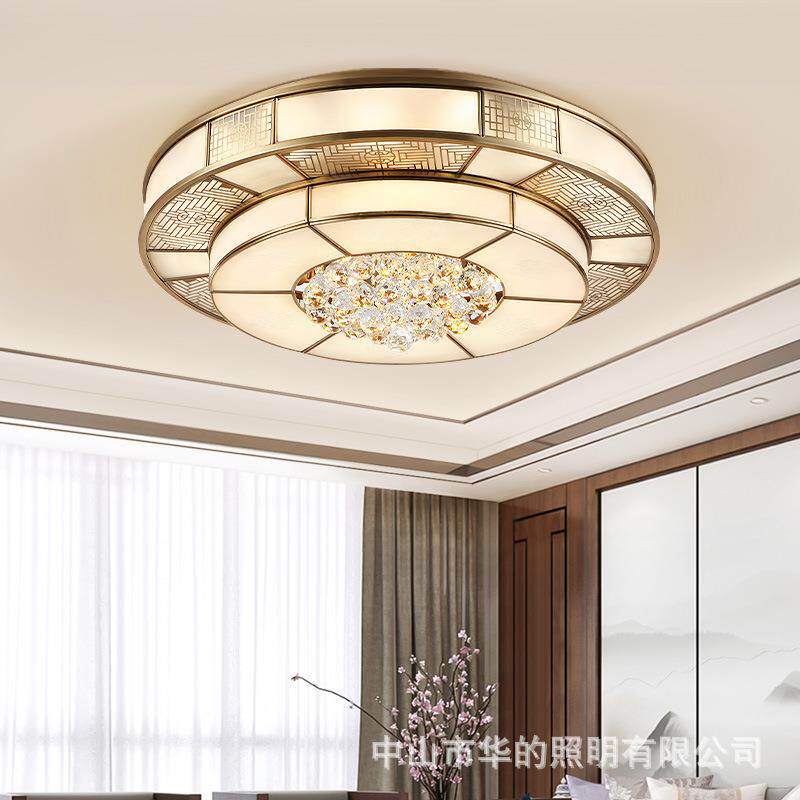 新中式吸顶灯水晶灯中国风圆形全铜客厅灯具别墅餐厅卧室古典铜灯