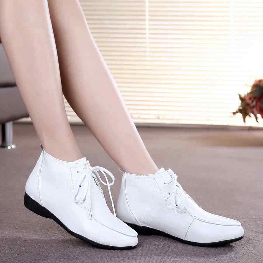 正品2021秋季真女鞋短靴单靴春系带皮高低帮皮鞋跟平底棉鞋中老年