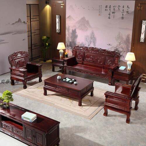 仿古红木全实木沙发茶几中式客厅全套组合雕花明清古典酸枝色家具