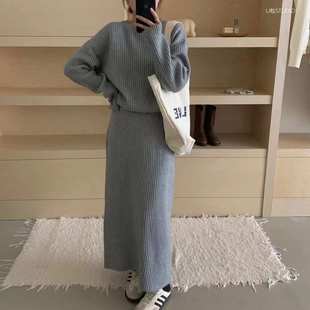 长款 韩系毛衣套装 上衣 女秋冬宽松慵懒风时尚 半身裙两件套 针织衫