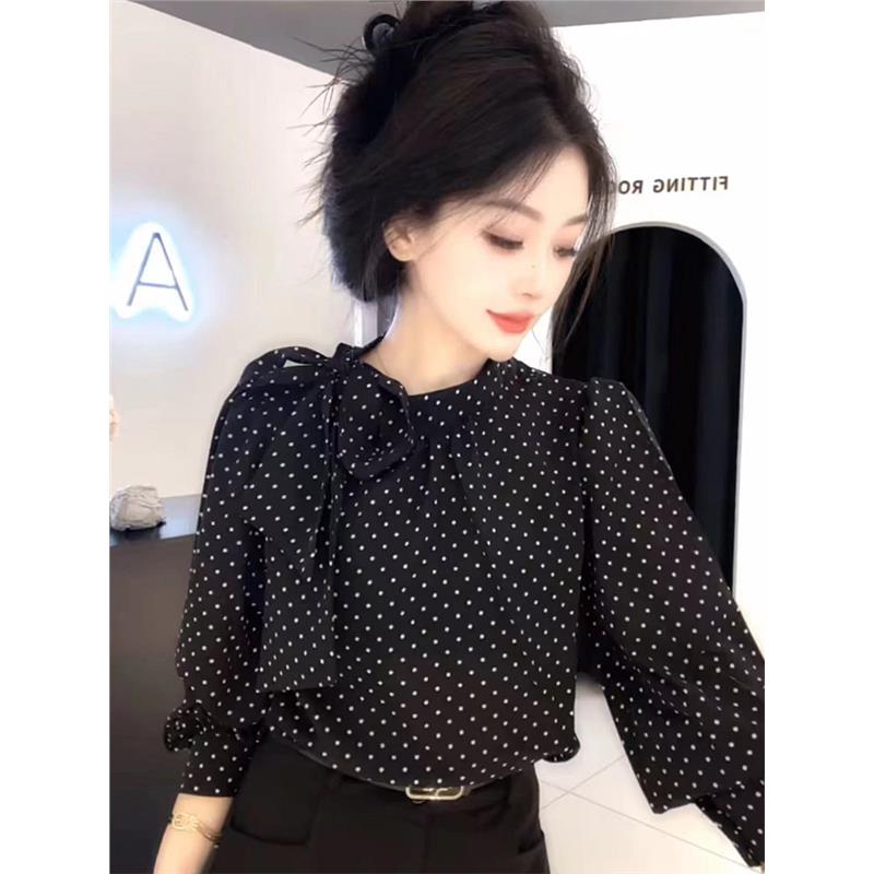 立领蝴蝶结绑带波点长袖衬衫女士春夏季欧货显瘦气质宽松防晒上衣