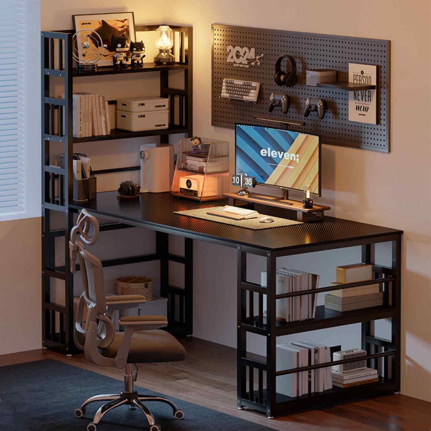 珂富宸转角电脑桌带书架一体2025新款家用卧室靠墙书桌黑色铁艺写字桌子摆件饰品床笠拉车盖布