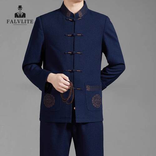 FALVLITE春秋季长袖两件套男休闲男士中山装中国风男盘扣唐装套装