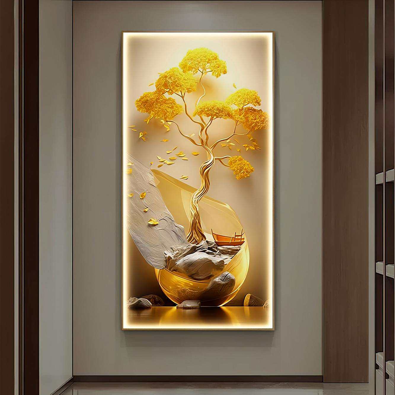 招财进宝玄关装饰画发财树图客厅入户发光壁画轻奢走廊带灯挂画