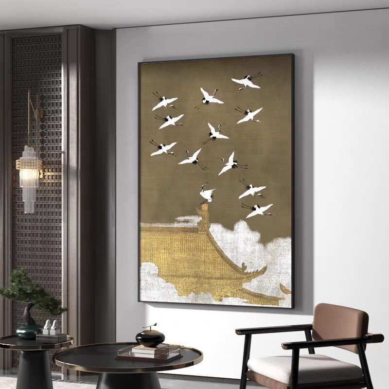 版玄关竖飞鸟新客厅复古风景中式装饰画挂画书房国风画中禅意建筑图片