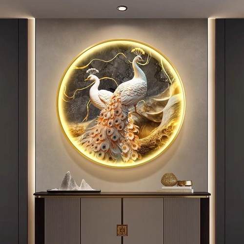 简约现代玄关装饰画孔雀大气高档餐厅挂画客厅灯画茶室圆形壁画灯