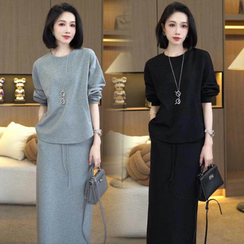 香港代购时尚套装裙女春季新款宽松显瘦圆领卫衣开叉半身裙两件套