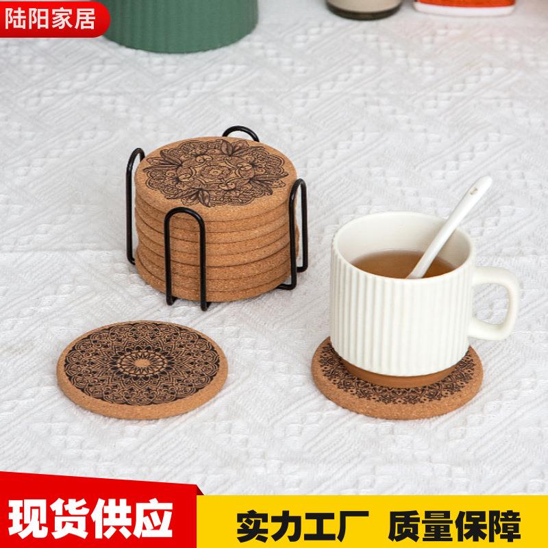 复古圆边软木杯垫加厚吸水软木垫家居装饰咖啡杯隔热垫带收纳支架