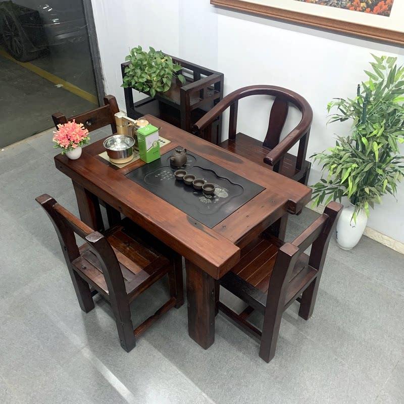 老船木阳台小茶桌椅组合家用小户型茶台客厅办公室实木茶艺桌方形
