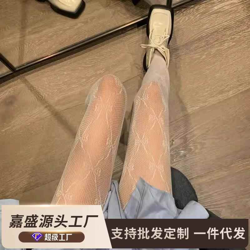 蝴蝶结渔网袜黑丝辣妹丝袜新款网红爆款黑色网格女薄款连裤袜白色