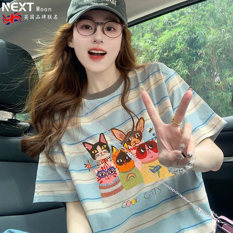 Next Moon英国联名印花条纹短袖t恤女夏季2025新款美式宽松上衣潮