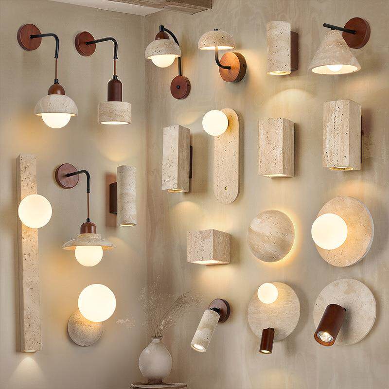 诧寂风卧室床头灯背景墙过道氛围民宿玄关走廊侘寂风天然洞石壁灯