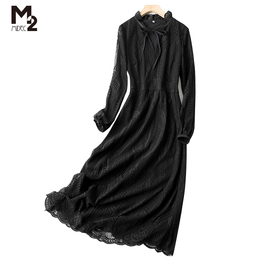 M2折扣店蕾丝连衣裙中长款黑色长袖裙子雪纺长裙小众显瘦女裙