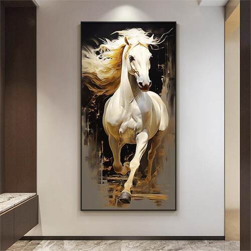 马到成功入户玄光装饰画骏马图客厅壁画现代轻奢走廊过道尽头挂画