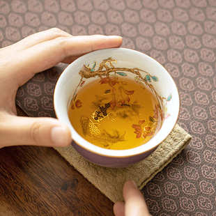 大号陶瓷功夫茶具单个茶杯品茗杯个人茶盏 轻奢内绘紫色压手杯中式