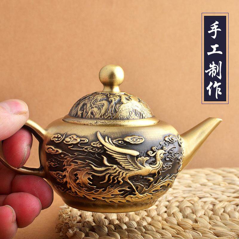双龙办公室黄铜纯黄铜壶龙凤摆件仿古桌面壶茶壶工艺品壶家居水滴