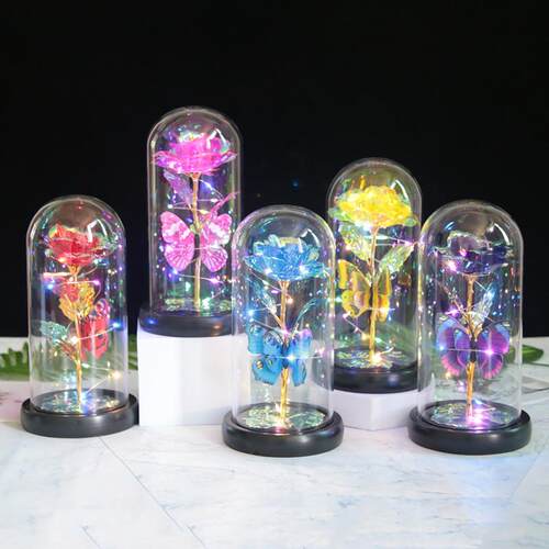 蝴蝶玻璃罩玫瑰花摆件 母亲节情人节创意礼物金箔花LED小夜灯