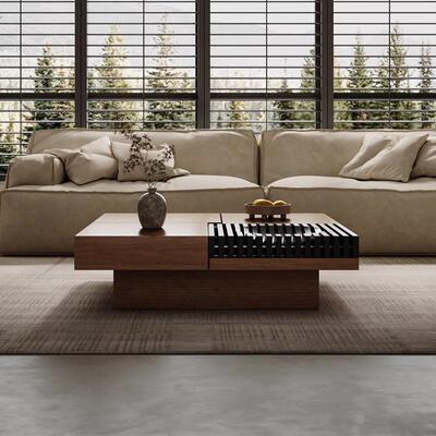 北美黑胡桃木茶几北欧现代简约客厅储物正方形实木茶几电视柜组合