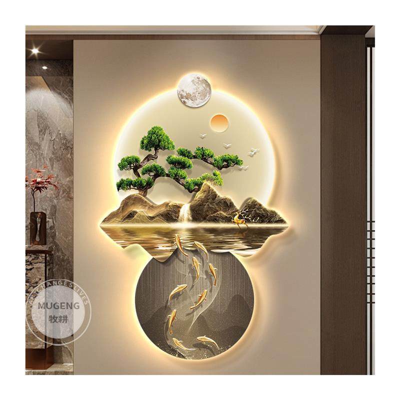 新中式迎客松玄关装饰画九鱼图客厅走廊过道 带灯led挂画山水壁画,家居饰品,现代装饰画,淘宝优惠券,粉丝福利购,淘宝优惠卷