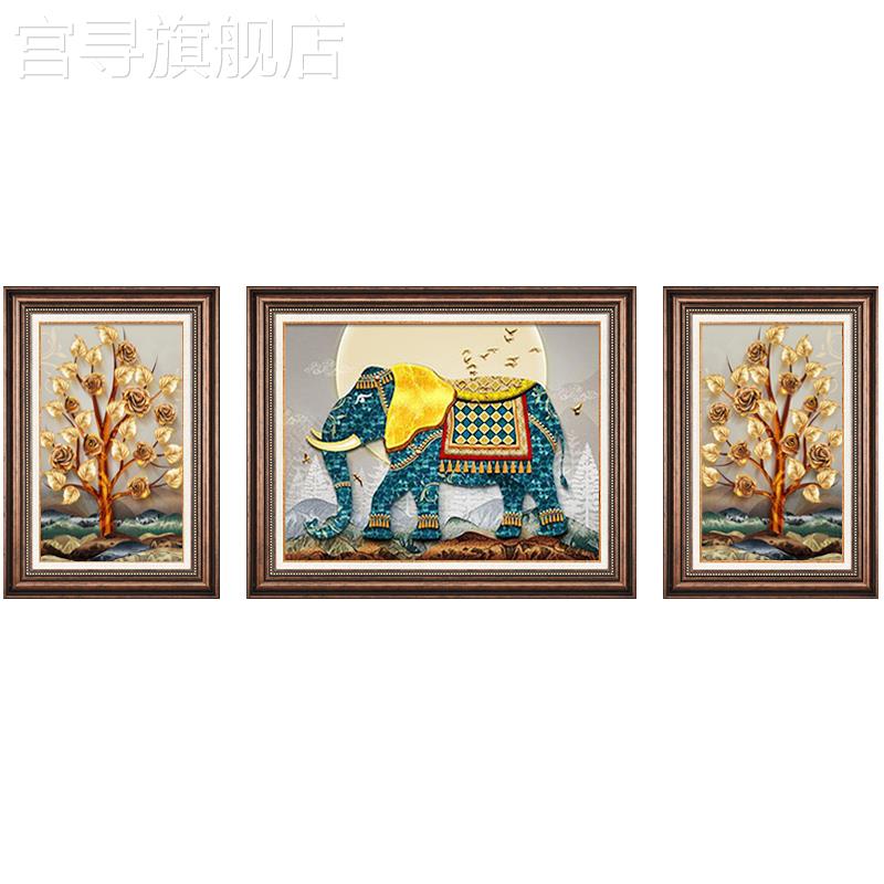 美式装饰画客厅沙发背景墙挂画大象鹿画欧式复古大气新中式三联画图片