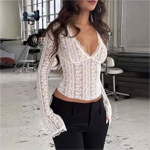 Elegant Sheer V-Neck Sexy Flared Sleeve Lace Top Blouse for